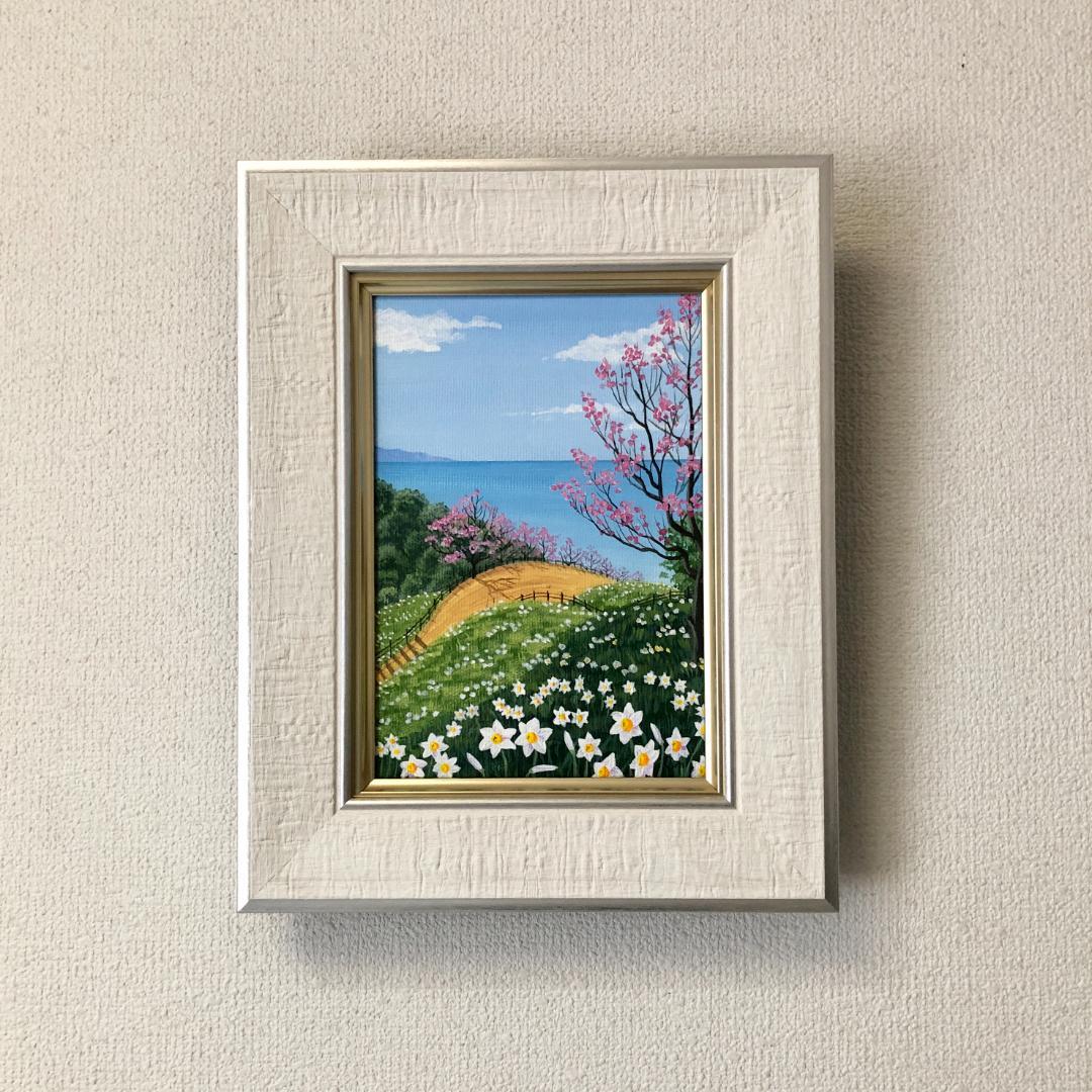 アクリル画　原画　「スイセンの咲く丘01」額縁付　SMサイズ　キャンバス