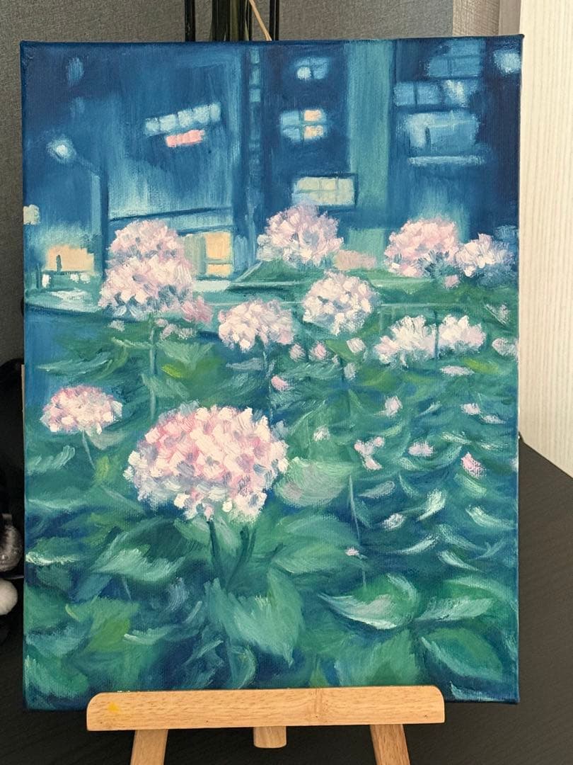 「夜のアジサイ」　手描き　油絵　風景画　原画　油彩画　紫陽花