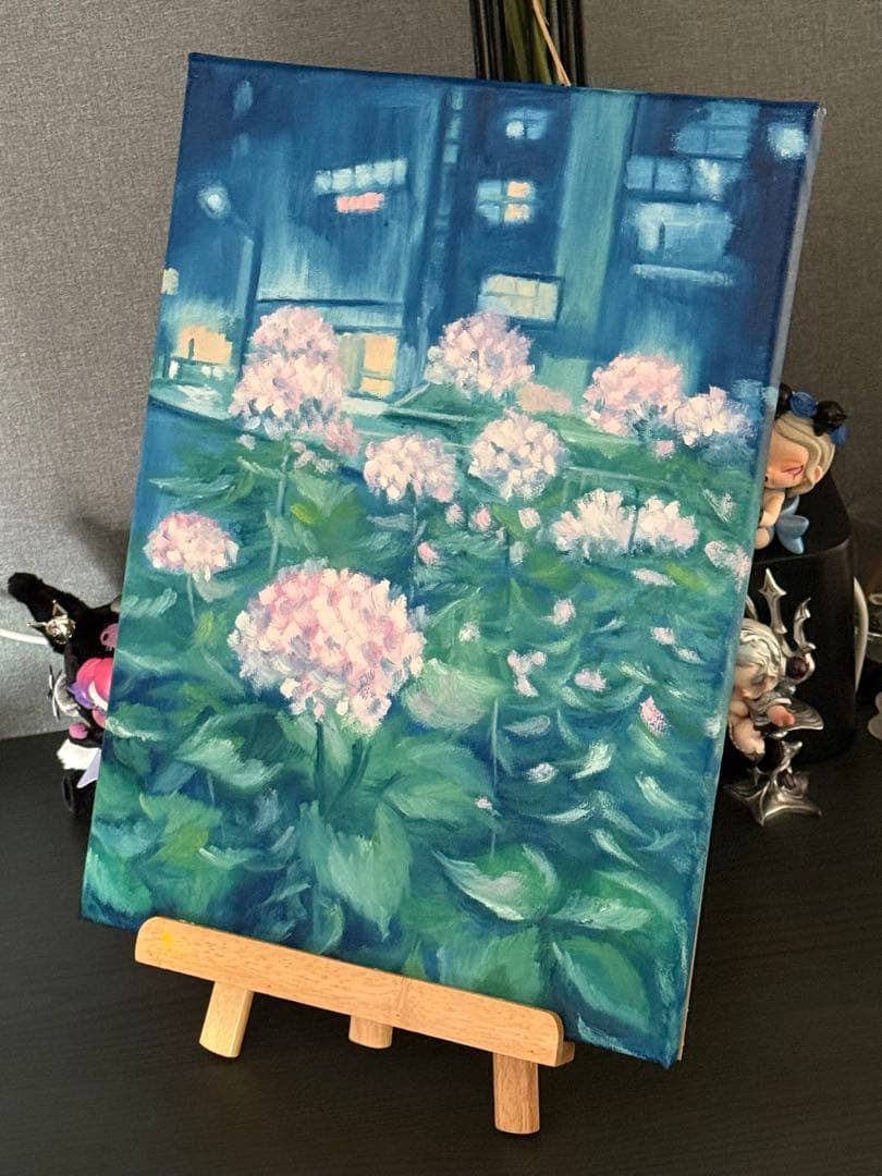 「夜のアジサイ」　手描き　油絵　風景画　原画　油彩画　紫陽花
