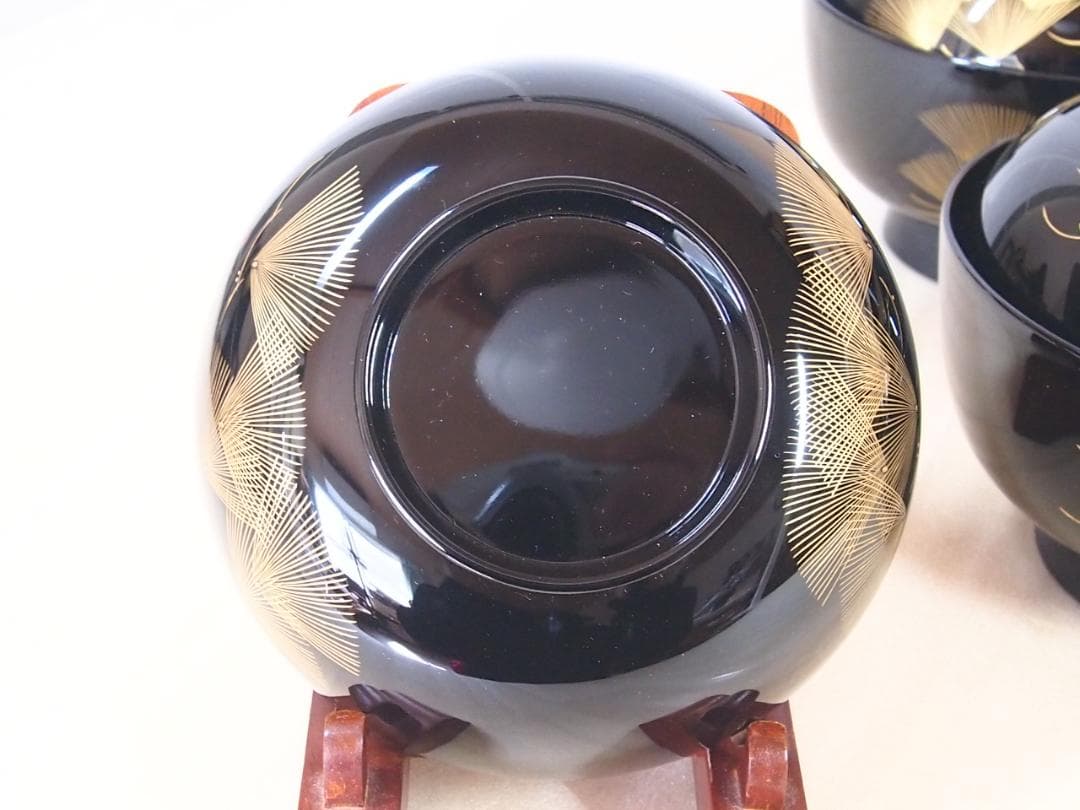 【未使用】輪島塗 五島屋謹製 西岡勇人作 寿松沈金 煮物椀 5客 雑煮椀/大椀