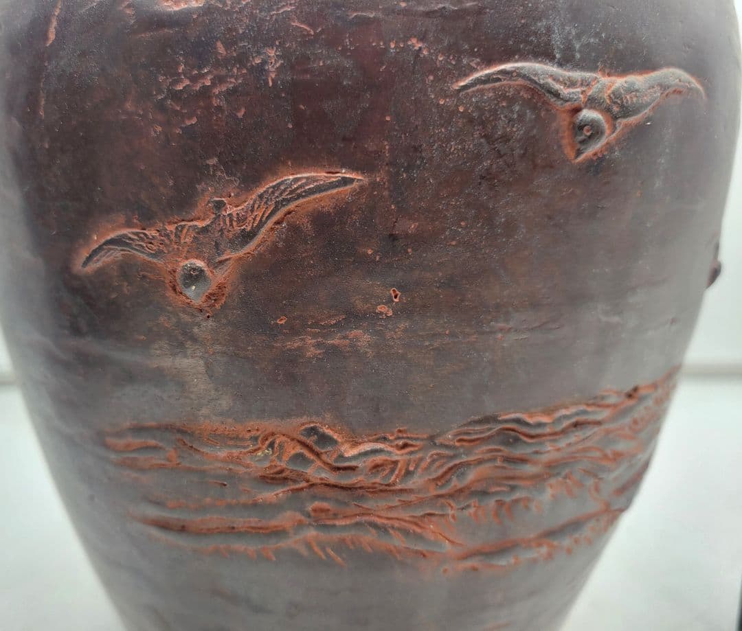 美山　銅器製　花瓶　波に千鳥の文様　茶道具　花入れ　骨董品　美術品