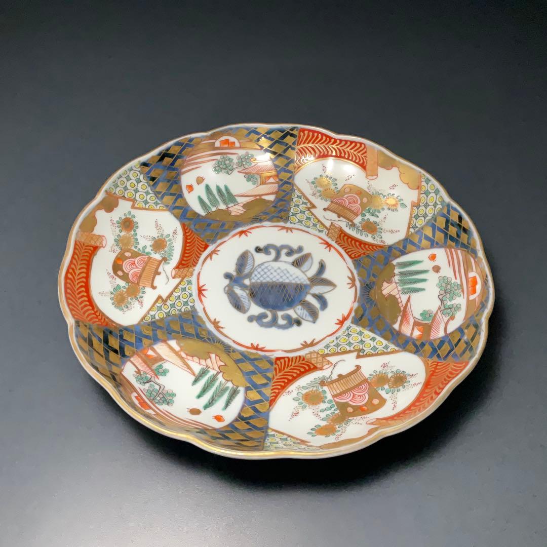 伊万里金襴手花に鳥籠図七寸皿∅21㎝　骨董　古伊万里　通り文　R1355w2B2