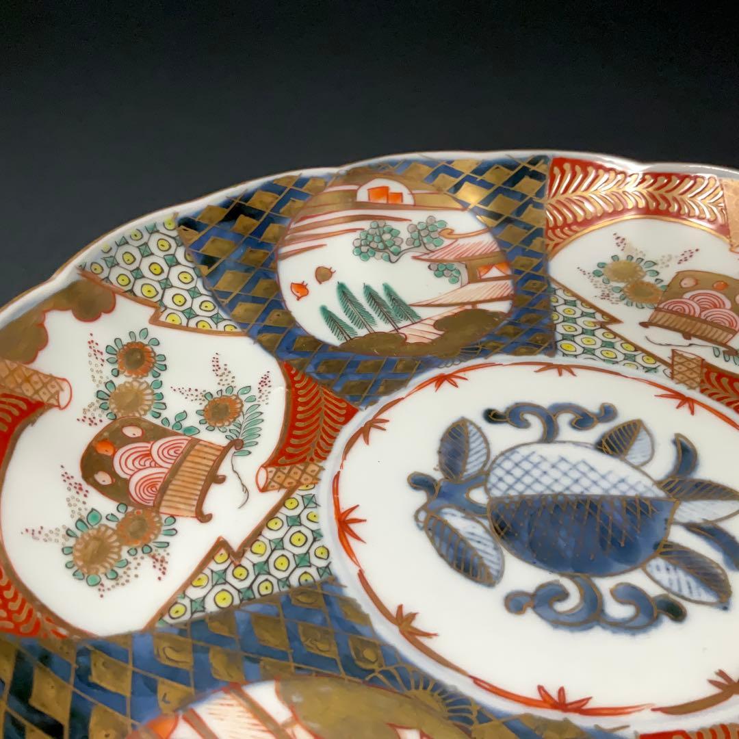 伊万里金襴手花に鳥籠図七寸皿∅21㎝　骨董　古伊万里　通り文　R1355w2B2