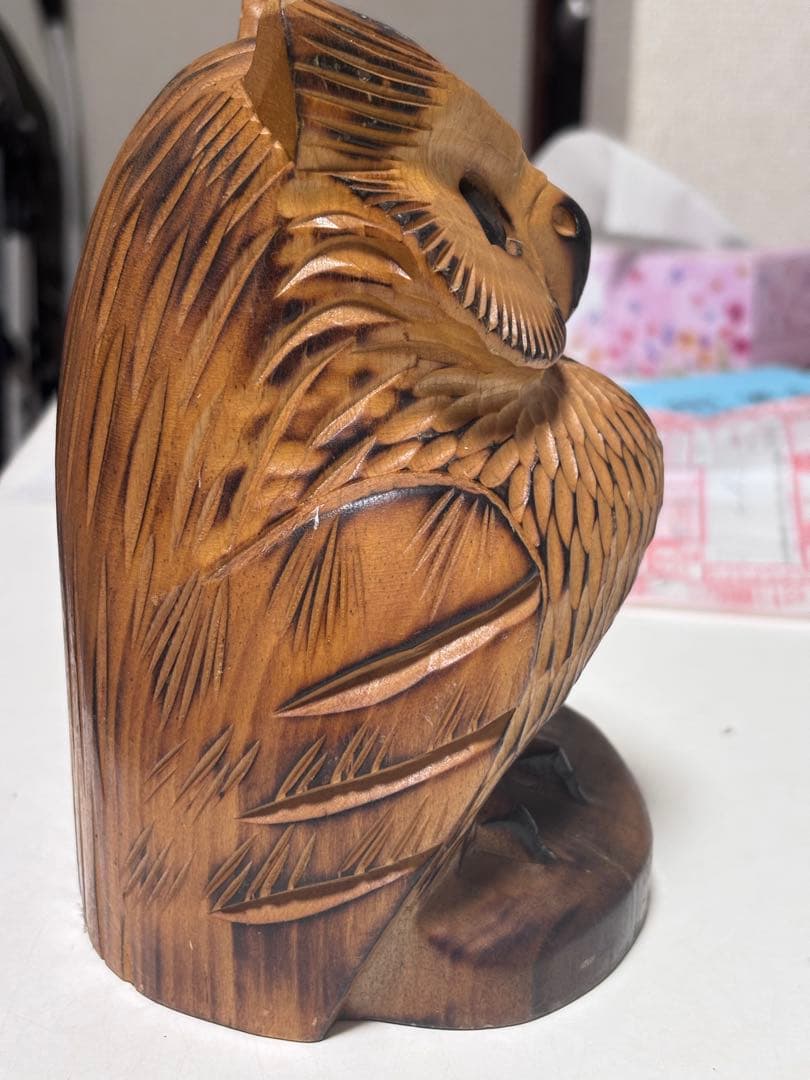 木製フクロウ彫刻 約15cm