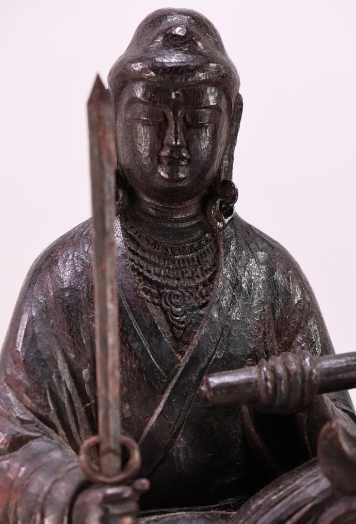 でこい　石崎秀峰 勤作 「 木彫 文殊菩薩 」 金銘　共箱 高さ37.5㎝
