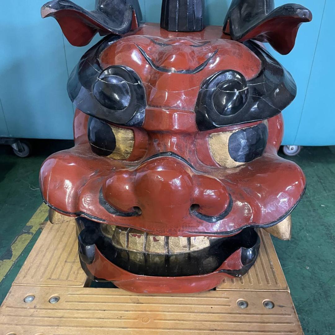 特大　獅子頭　獅子舞　伝統工芸　木彫り　彫刻　縁起物　置物　お正月　XＺ3509