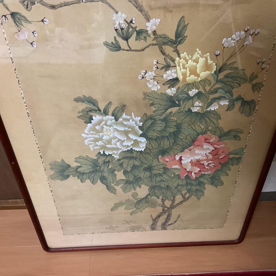 中国画 花鳥図 木枠扁額 【 牡丹に小禽図 】 落款名無 作者不詳