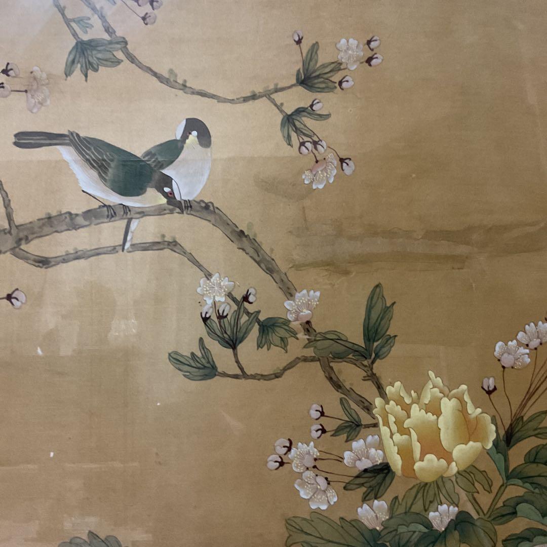 中国画 花鳥図 木枠扁額 【 牡丹に小禽図 】 落款名無 作者不詳
