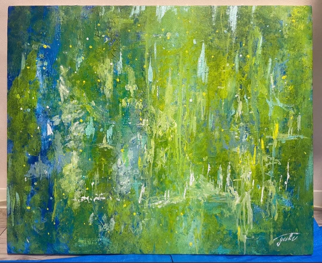 原画　73×60cm「美しき緑の星」現代アート　額縁付
