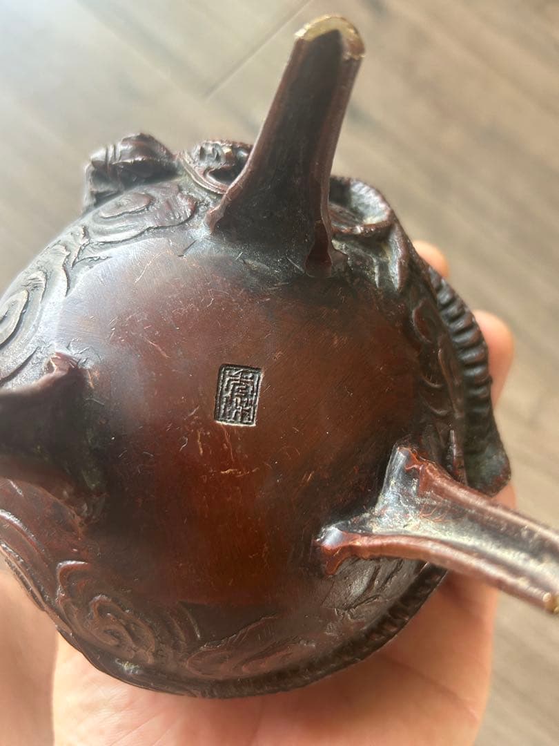 米田秀保 造 鋳銅製 蝋型 麒麟摘 雲龍地文細密彫 三足香炉 茶道具 香道具