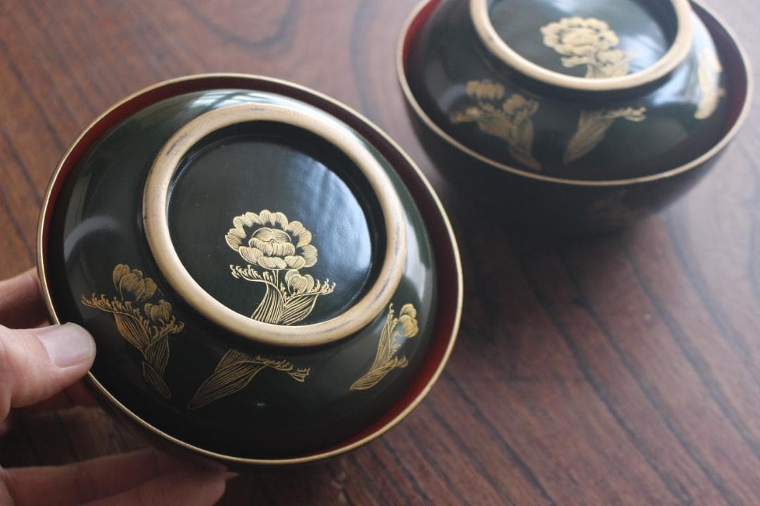 小傷有！時代青塗りに優美な福寿草沈金の煮物椀2点（検輪島塗蒔絵椀沈金椀雑煮椀