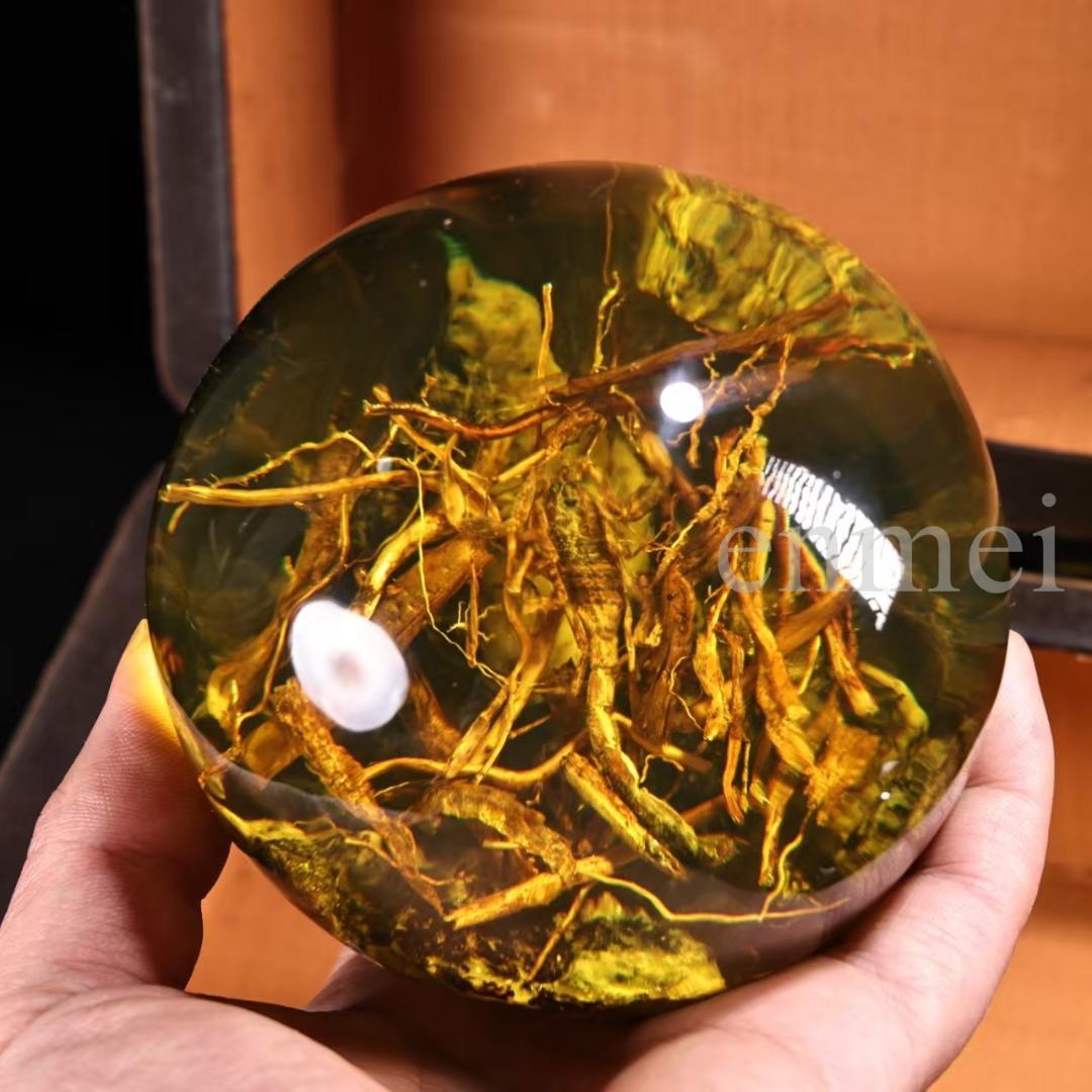 中国古美術・旧藏珍品・清代風・琥珀クリスタル球一対・原石封入・置物・寧寿宮藏印