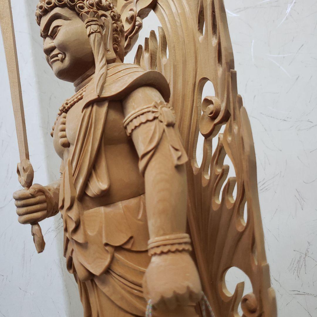 Ｂフライデー蔵出し特価極上彫り★白木材 不動明王立像１尺立★お不動さん火の鳥彫り