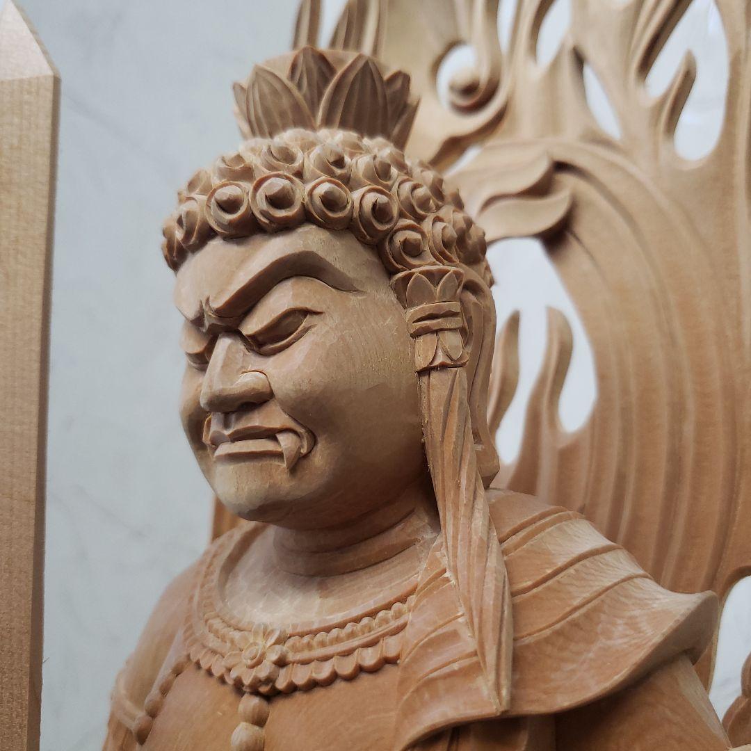 Ｂフライデー蔵出し特価極上彫り★白木材 不動明王立像１尺立★お不動さん火の鳥彫り