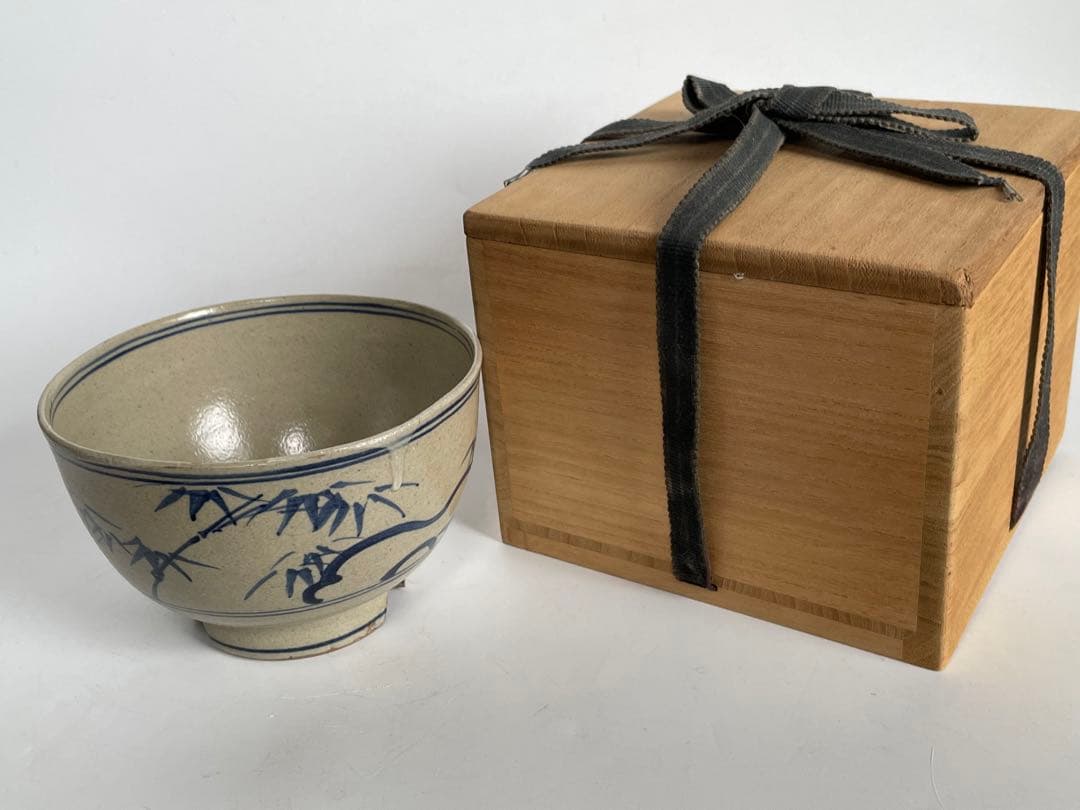 陶芸家　作家物　膳所　茶碗　染付　安南写茶碗　福字　共箱　今日庵書付