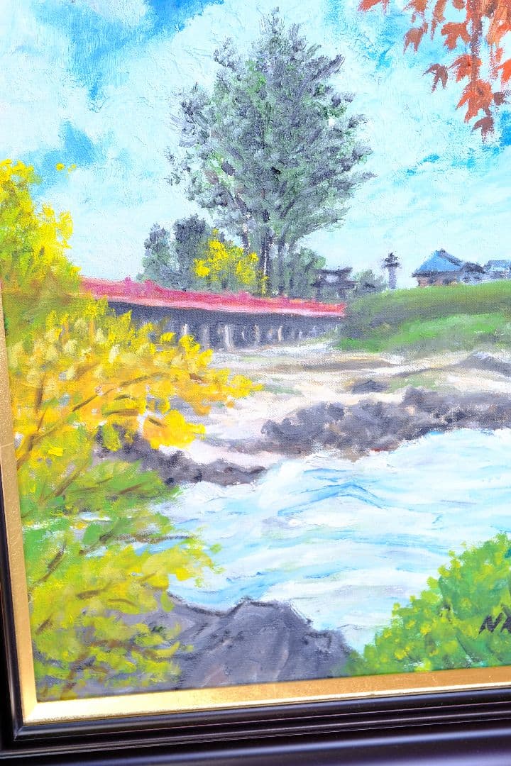 銀杏と御社橋　油絵　額縁付き