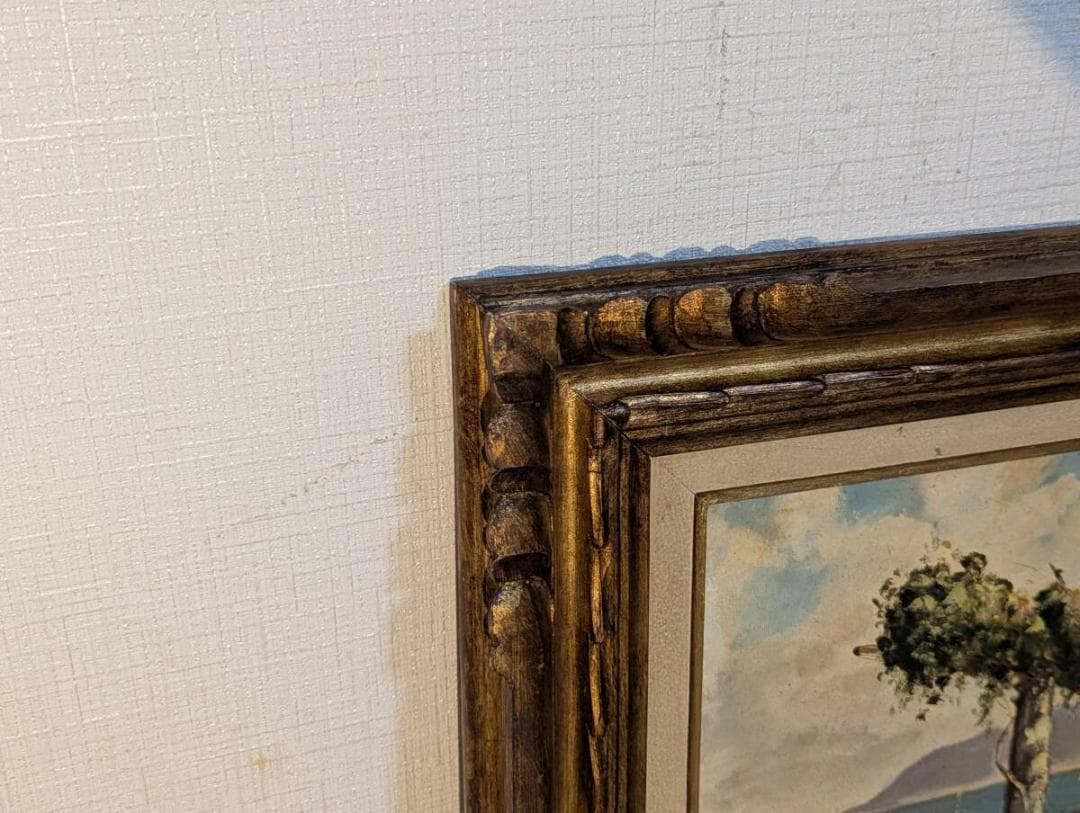 【真作】絵画　油彩6号　地中海の陽光　紺碧の海と花咲くテラス　Y81