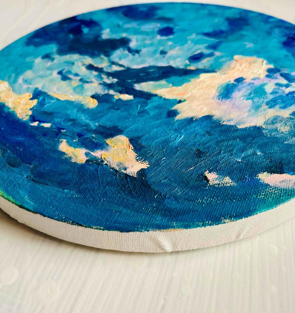 直径25㎝「朝の空　2025-2」油彩・絵画・原画・丸形・アートパネル