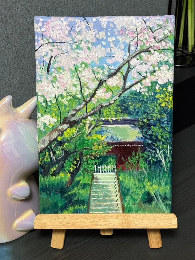 yue　「桜と寺」　手描き　油絵　風景画　原画　油彩画　印象派