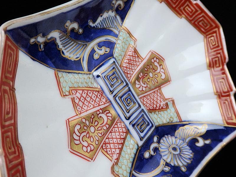 古伊万里　色絵　宝尽くし　熨斗型変形皿　２枚　E348AS-fbji