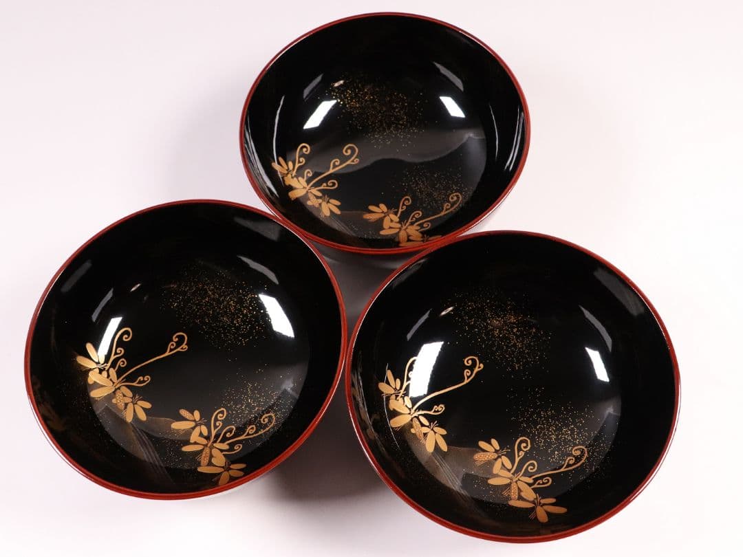専用10客まとめ CM5 時代 加賀蒔絵 鳥図 溜塗内黒 椀 三客 木製 雉春草