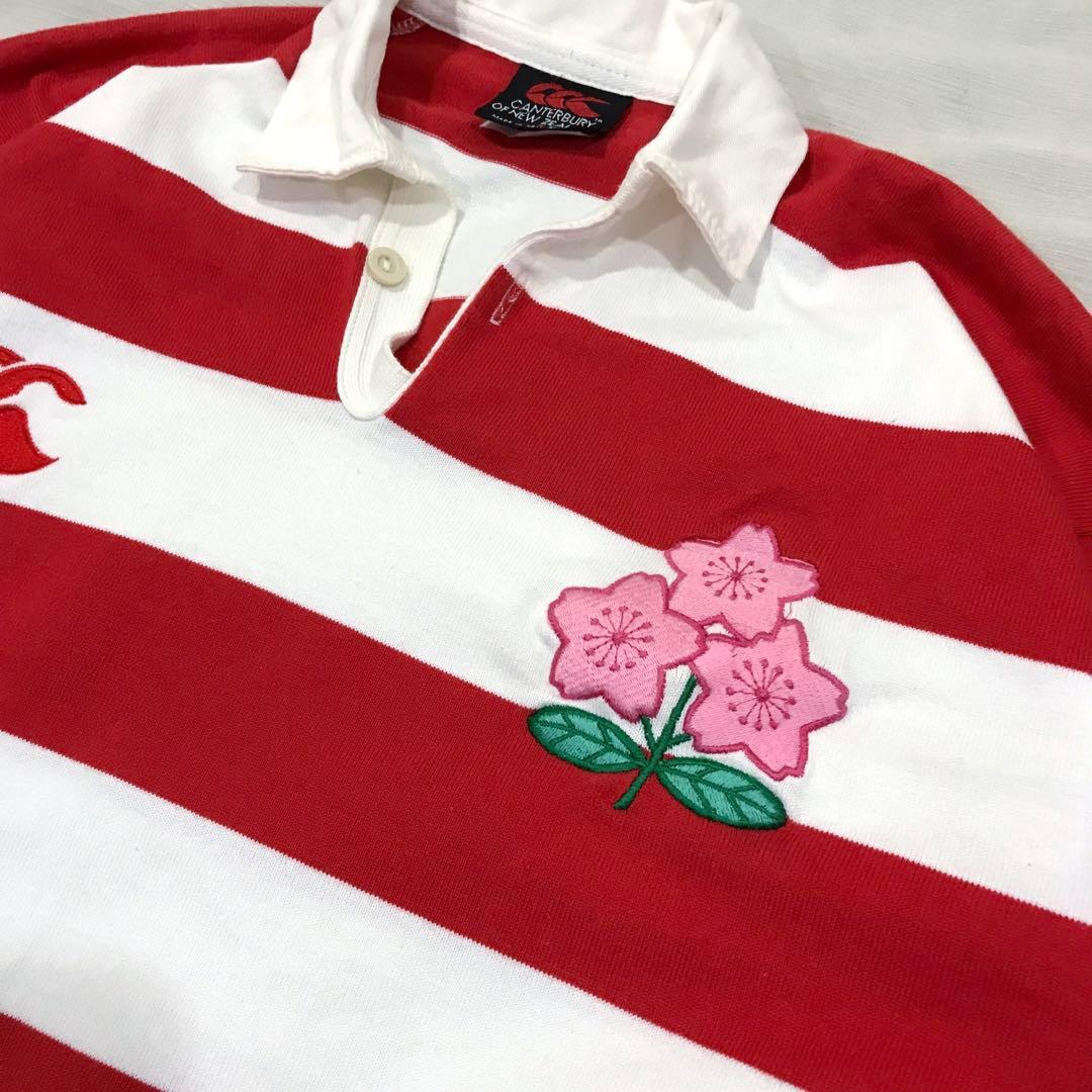 ラグビー 赤白ボーダーシャツ ラグビージャージ 長袖 刺繍ロゴ 桜 日本代表