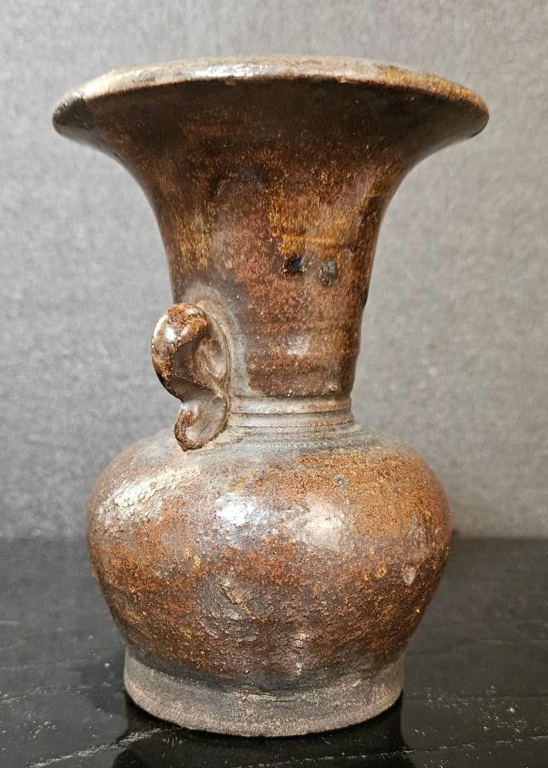 江戸時代　古唐津系　双耳　褐釉　鉄釉　広口　花入れ　花生け　花瓶　茶道具　茶器