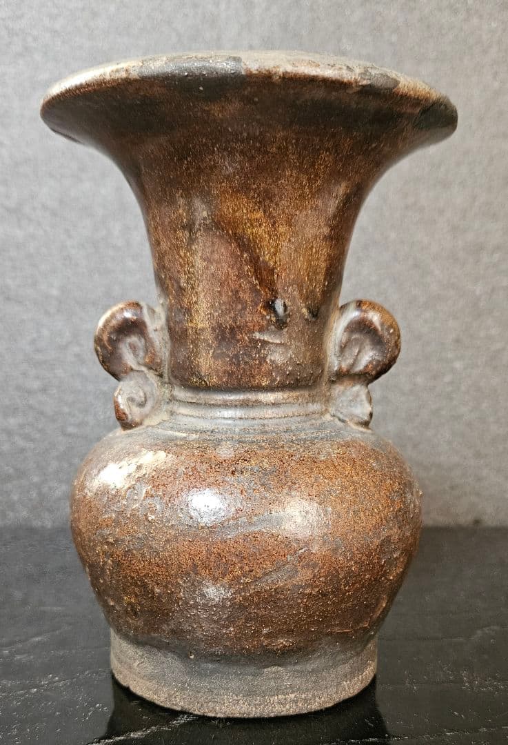 江戸時代　古唐津系　双耳　褐釉　鉄釉　広口　花入れ　花生け　花瓶　茶道具　茶器