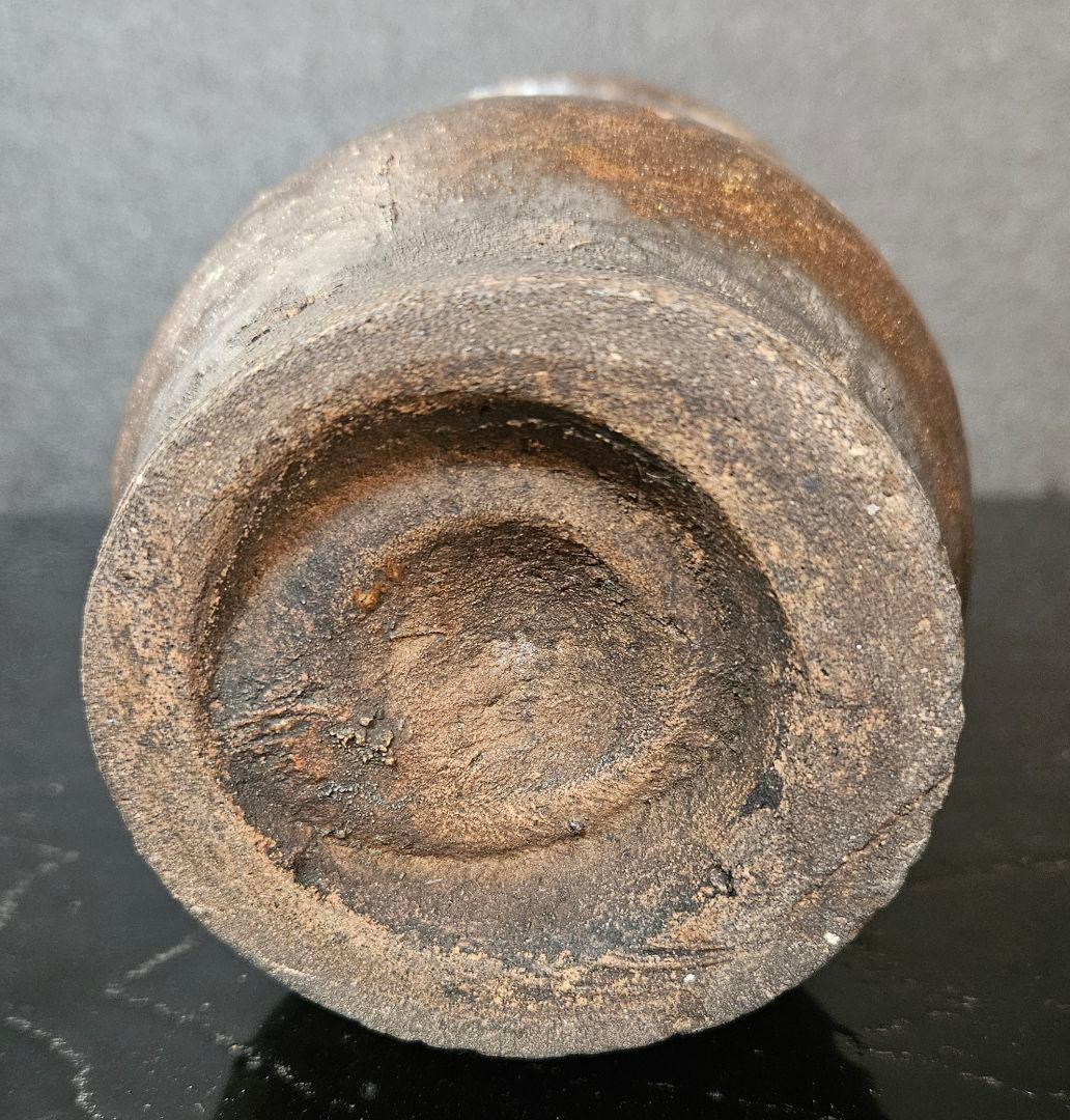 江戸時代　古唐津系　双耳　褐釉　鉄釉　広口　花入れ　花生け　花瓶　茶道具　茶器