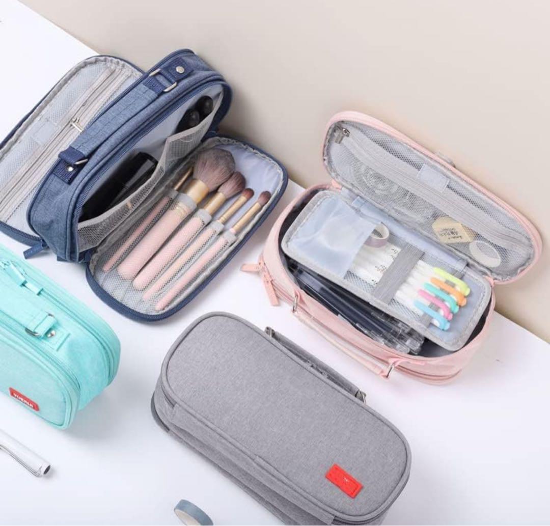 【グレー】ペンケース 文具バッグ 化粧ポーチ 収納ケース 多機能ケース 筆箱