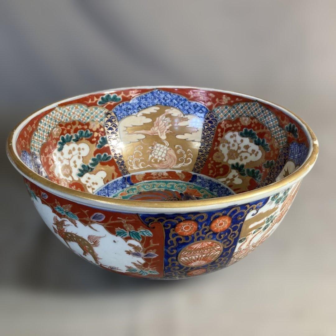 【古伊万里文】古伊万里の伝統　古伊万里文　極錦三方割鶴亀松梅鳳凰見込文　大深鉢