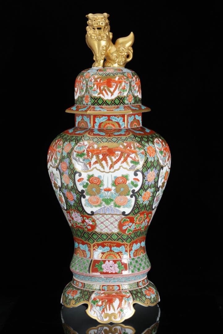 そ*ん様 有田焼 耕右衛門 染錦窓絵鳳凰花尽之図 獅子摘蓋特大三段壺 沈香壺 飾