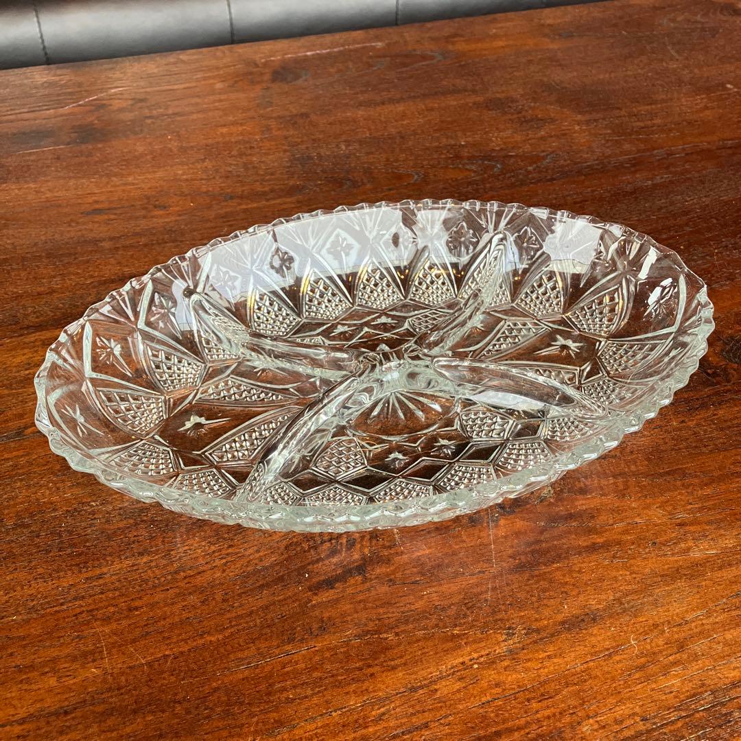 フランスアンティーク オードブルガラスプレート 4仕切 切子