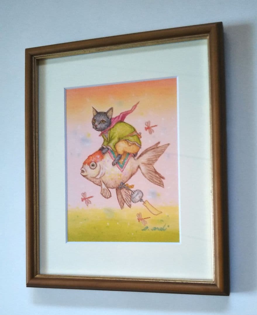 特別価格☆【原画】『夏の終わりの使者』（黒猫　金魚　絵画　手描き　和風　）