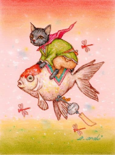 特別価格☆【原画】『夏の終わりの使者』（黒猫　金魚　絵画　手描き　和風　）