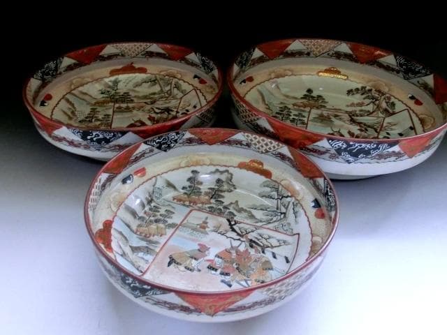 鉢■古九谷製赤絵窓武者図三つ鉢(江戸後期～明治期)大鉢 武士 三鉢 時代物骨董■