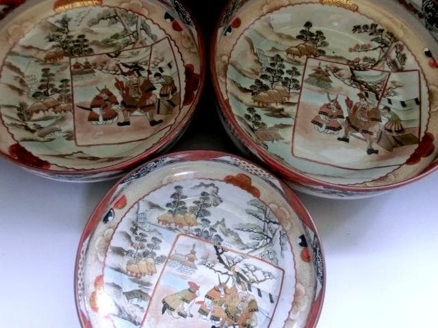 鉢■古九谷製赤絵窓武者図三つ鉢(江戸後期～明治期)大鉢 武士 三鉢 時代物骨董■