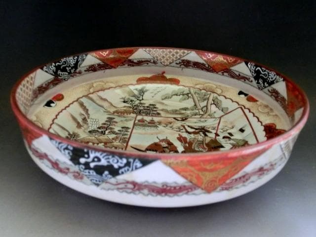 鉢■古九谷製赤絵窓武者図三つ鉢(江戸後期～明治期)大鉢 武士 三鉢 時代物骨董■