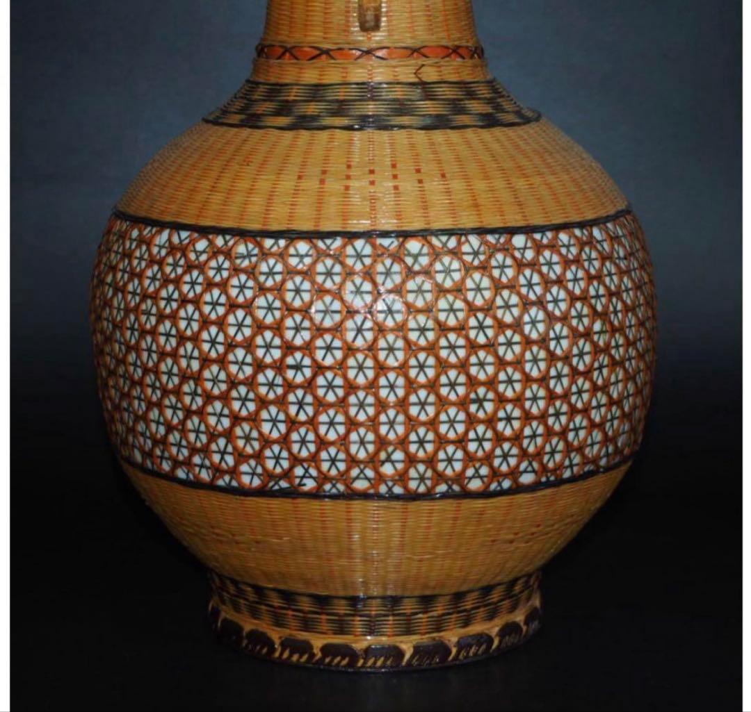 中国古玩　竹細工竹編　大型双耳天球瓶　花瓶。