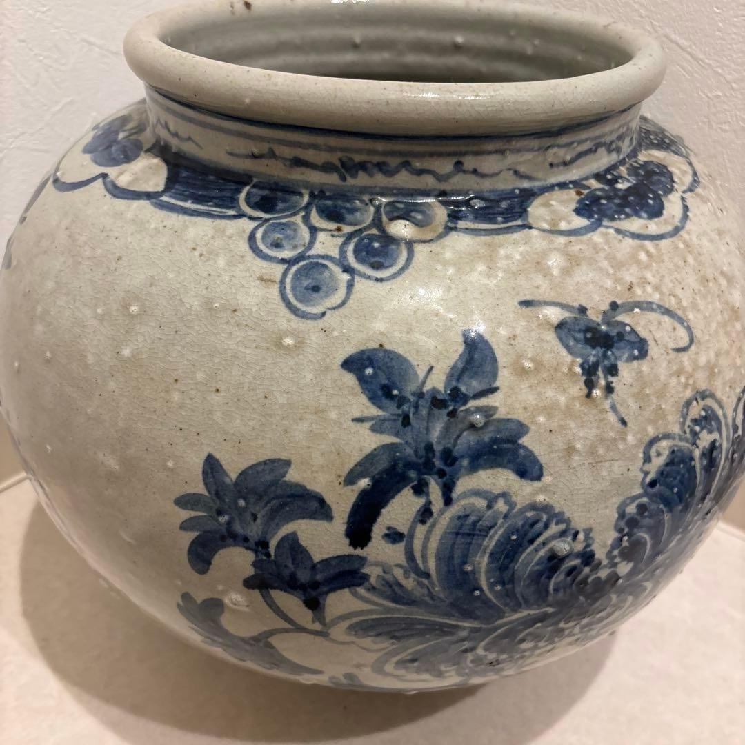 花器　壺　鉢カバー　植木鉢　大きめ　ビンテージ　青　花柄　レトロ　送料込み