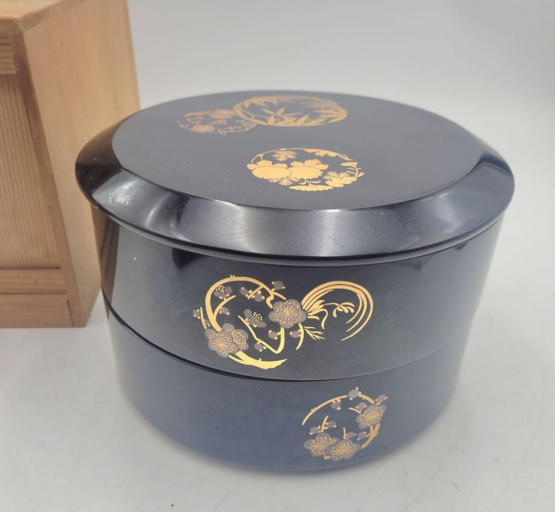 輪島塗　稲忠製　丸形重箱　蒔絵　共箱　骨董品、美術品