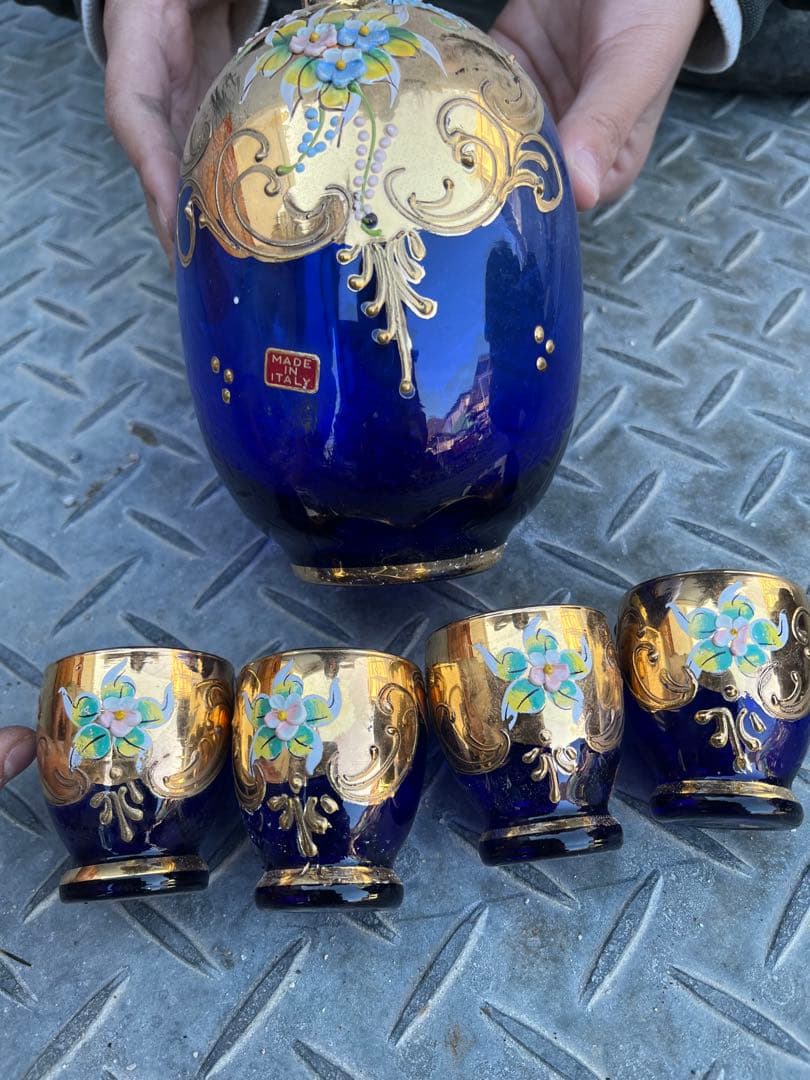 イタリア製 青色ガラス コップ4個　瓶1個　ベネチアンガラス　ムラーノ