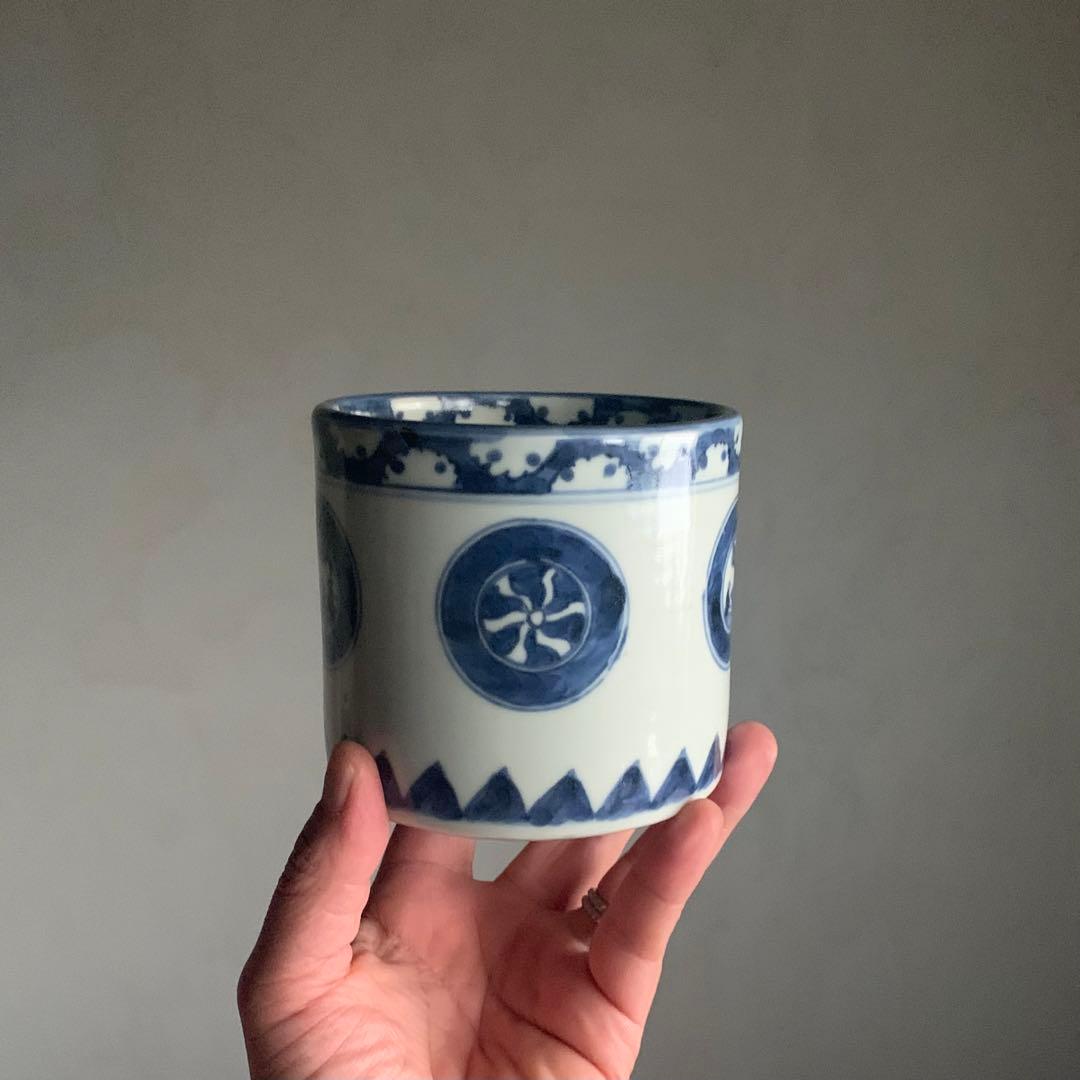 染付 丸文 破れ雪輪 火入れ 筒茶碗 古美術 古道具 アンティーク