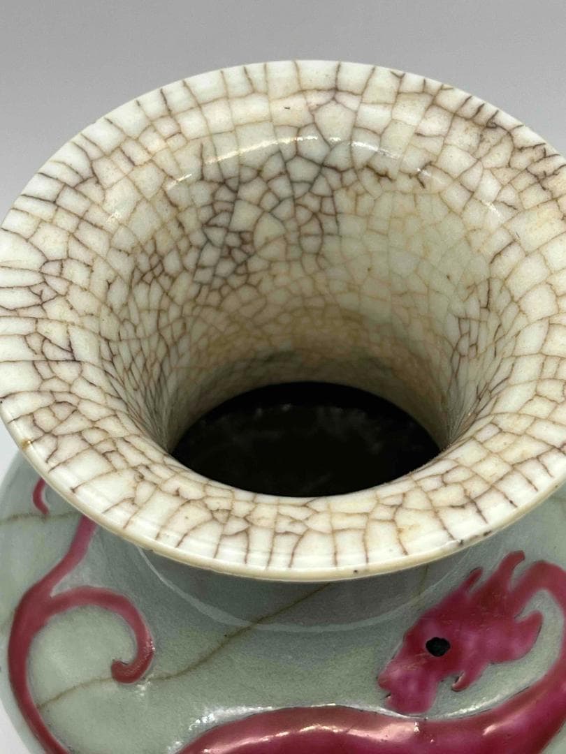 清康熙時代 墨書【康熙年製】在銘官汝窯 郊壇 粉彩炉鼎文 詩文花觚 (C-78)