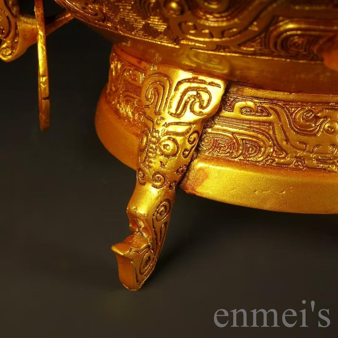 中国古美術 古銅 描金 聚宝鼎 鼎型香炉 祭祀 風水置物 金属工芸 細密細工
