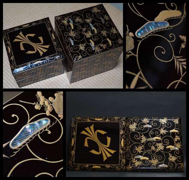 明治五年 輪島塗鳳光斎造蠟色内朱金蒔絵青貝螺鈿象嵌『松竹梅文』五重箱 替え蓋共箱