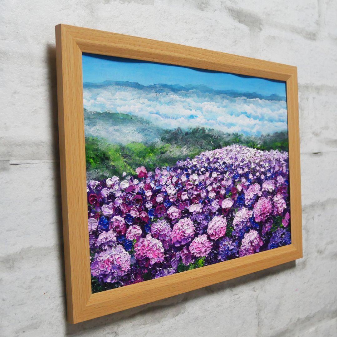 油絵 油彩 油彩画 絵 絵画【天空のピンクと紫の紫陽花】