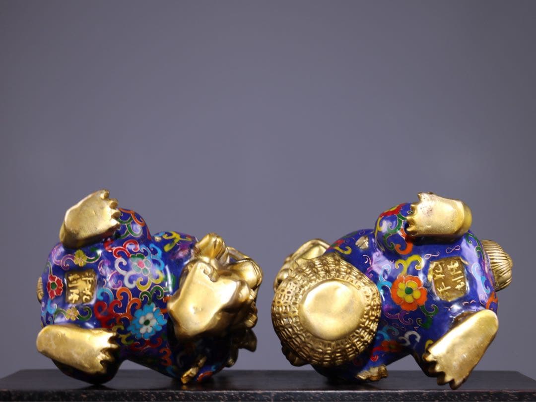 旧蔵　純銅景泰藍（けいたいらん）門獅（もんじ）置物