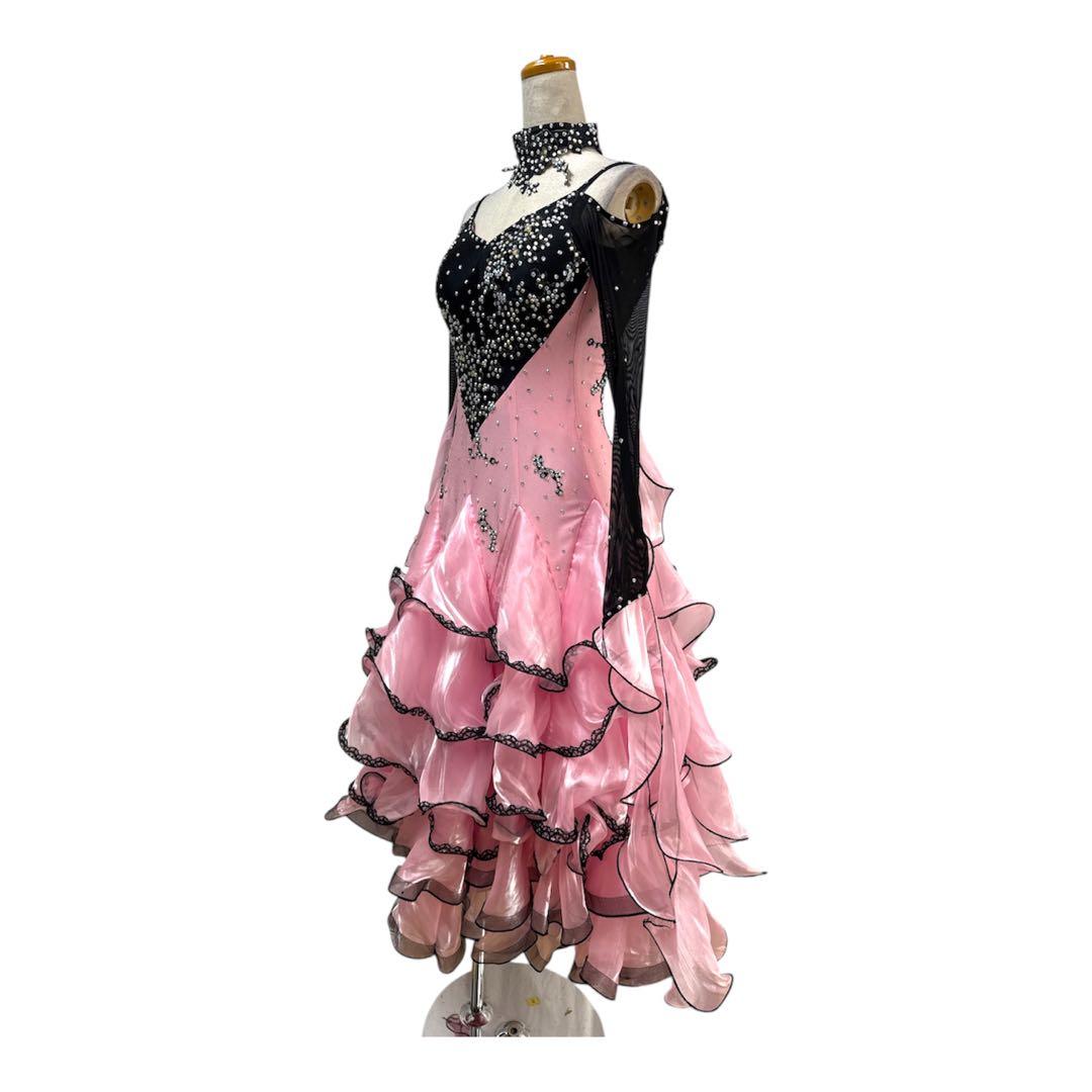 6264★SM ピンク 黒 フリル スタンダードドレス社交ダンス