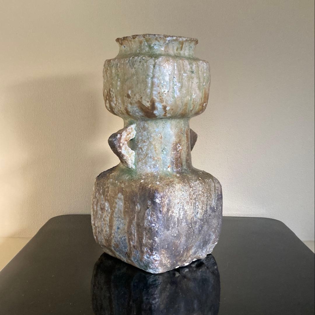 信楽焼 伊賀焼 谷清右衛門造 伊賀花入 耳付花入 花器 茶道具 共箱 共布